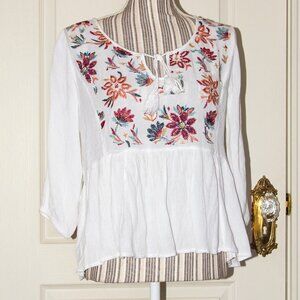 Forgotten Grace Embroidered Peasant Blouse White Gauze L